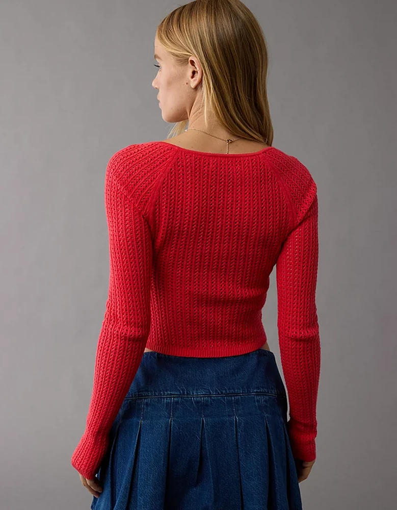 AE Crochet Long-Sleeve Keyhole Top