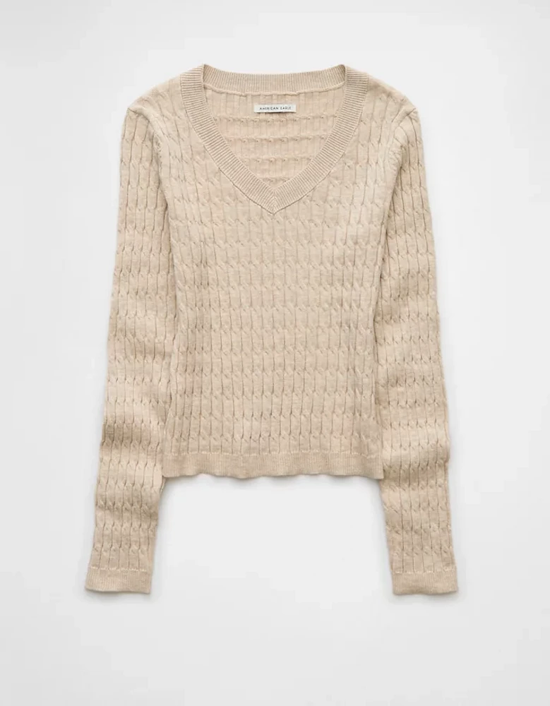 AE Fitted Cable Knit V-Neck Sweater