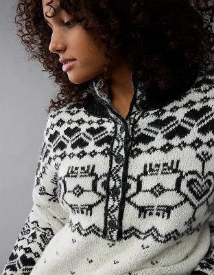 AE Oversized Quarter Snap Mock Neck Fairisle Sweater