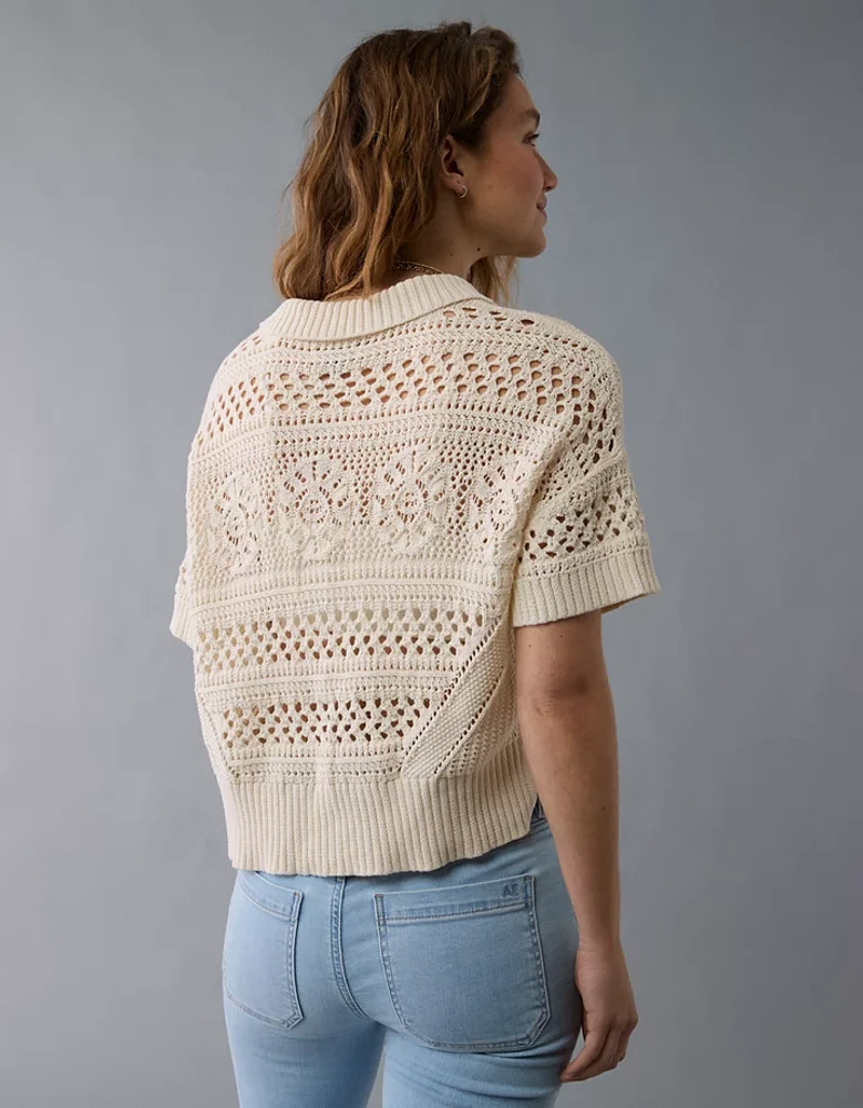 Polo en tricot crocheté à boutons AE