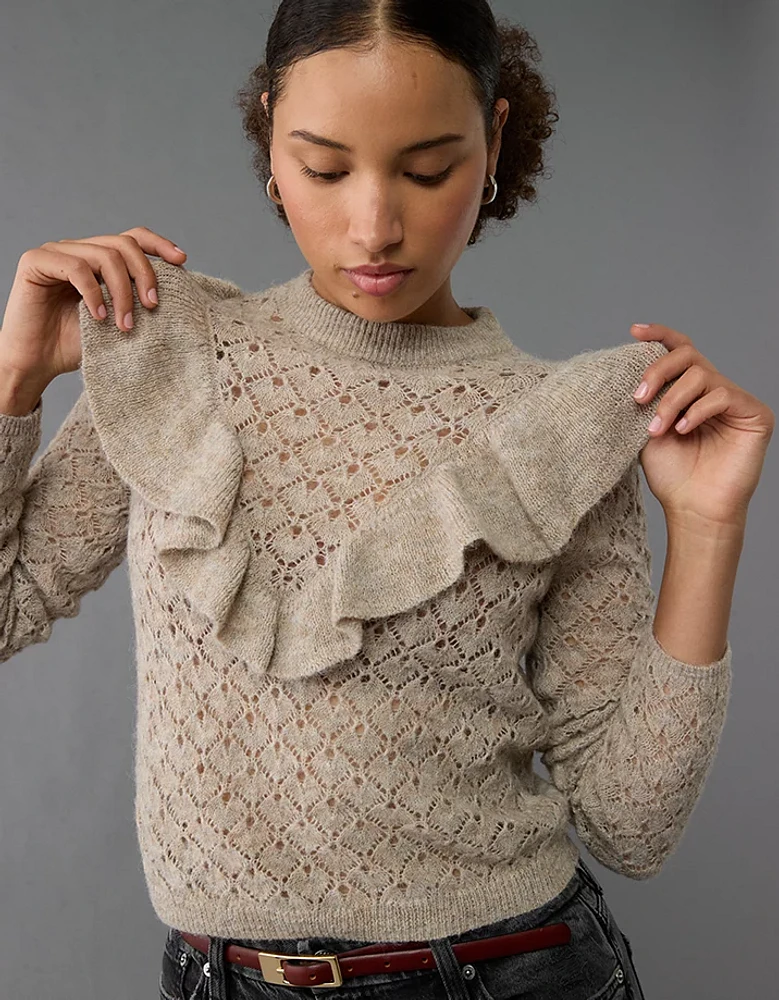 AE Wispy-Knit High Neck Ruffle Sweater