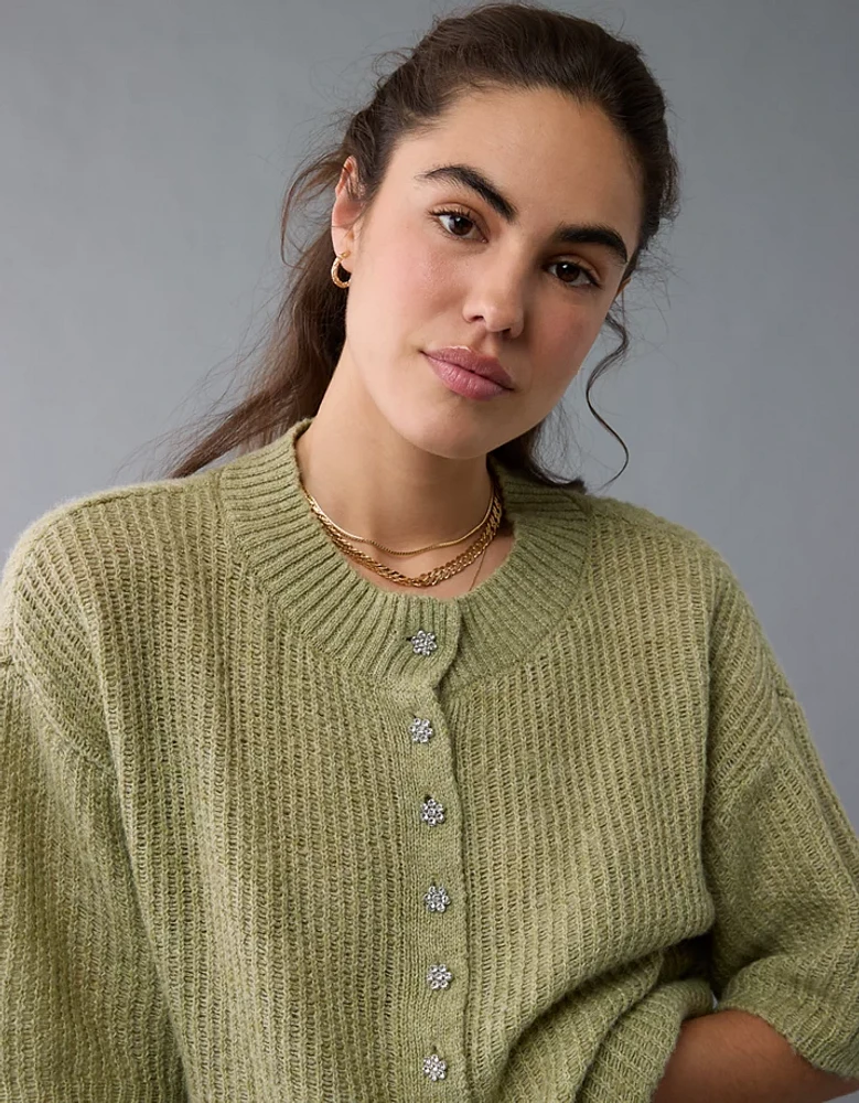 AE Short-Sleeve Crew Neck Cropped Cardigan