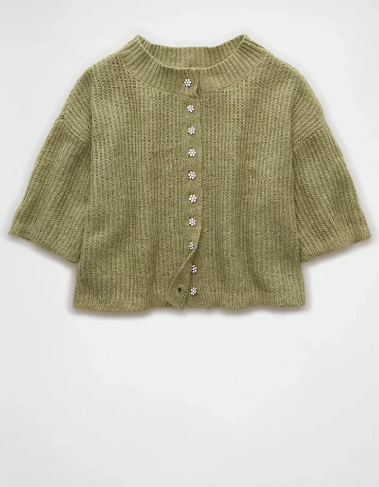 AE Short-Sleeve Crew Neck Cropped Cardigan