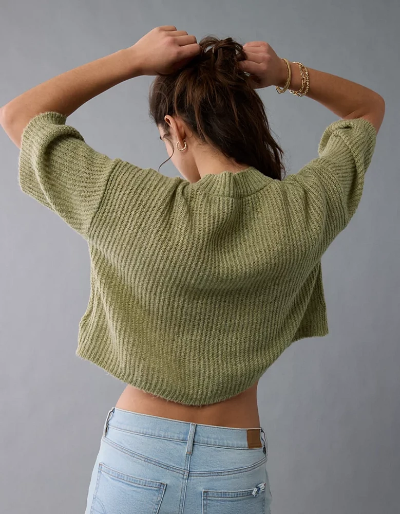 AE Short-Sleeve Crew Neck Cropped Cardigan