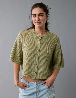 AE Short-Sleeve Crew Neck Cropped Cardigan