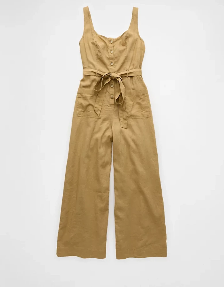 AE Linen-Blend Button-Up Jumpsuit