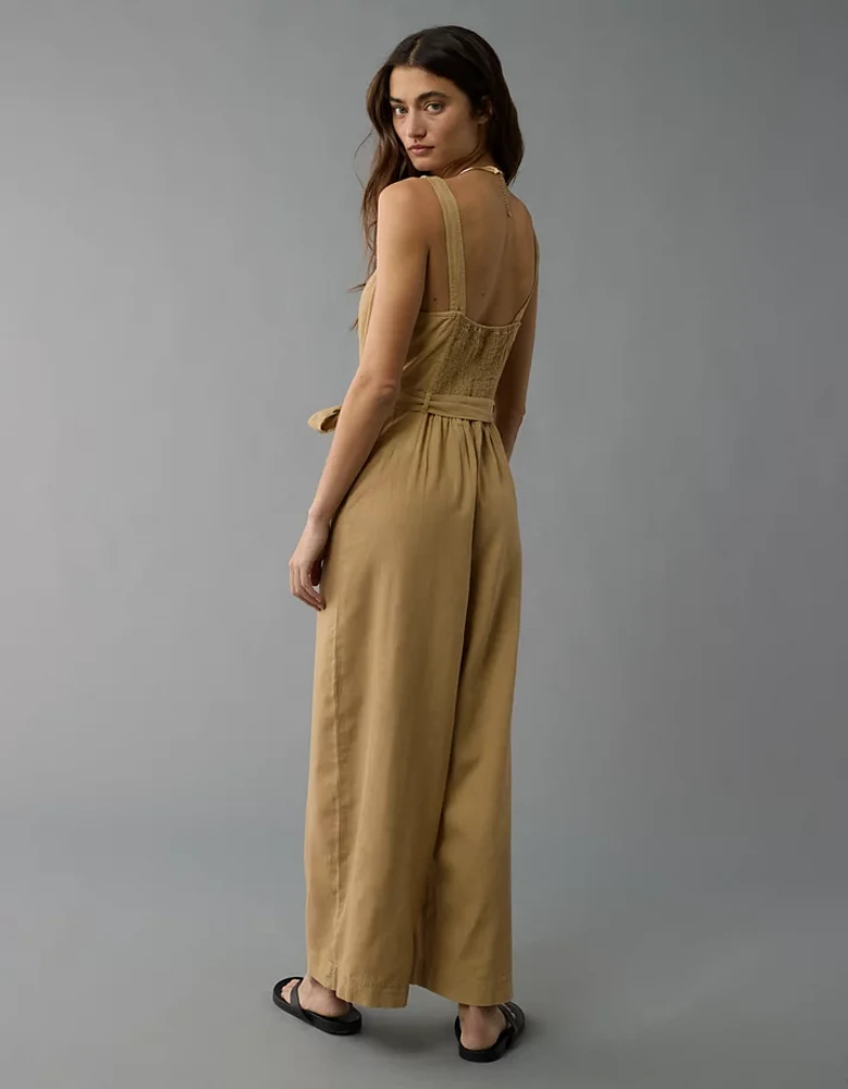 AE Linen-Blend Button-Up Jumpsuit