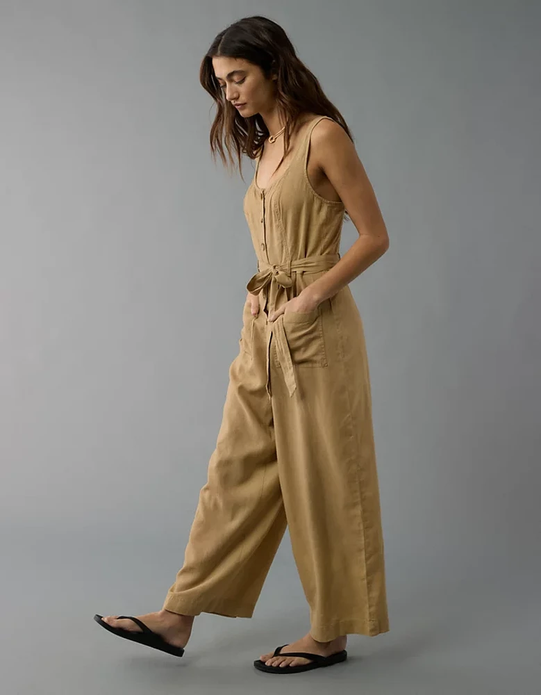 AE Linen-Blend Button-Up Jumpsuit