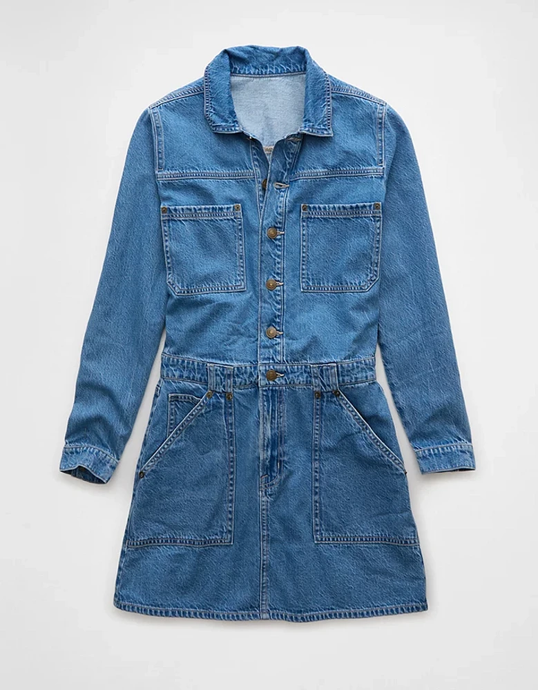 AE Long-Sleeve Denim Button-Up Mini Dress