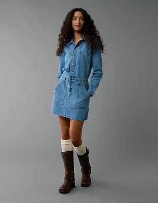 AE Long-Sleeve Denim Button-Up Mini Dress