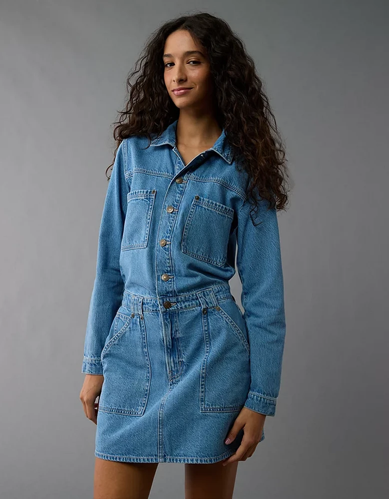 AE Long-Sleeve Denim Button-Up Mini Dress