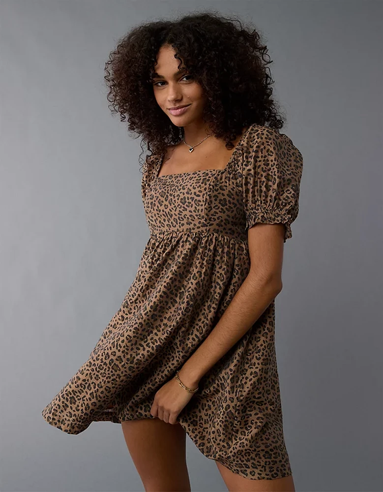 AE Leopard Puff Sleeve Babydoll Mini Dress