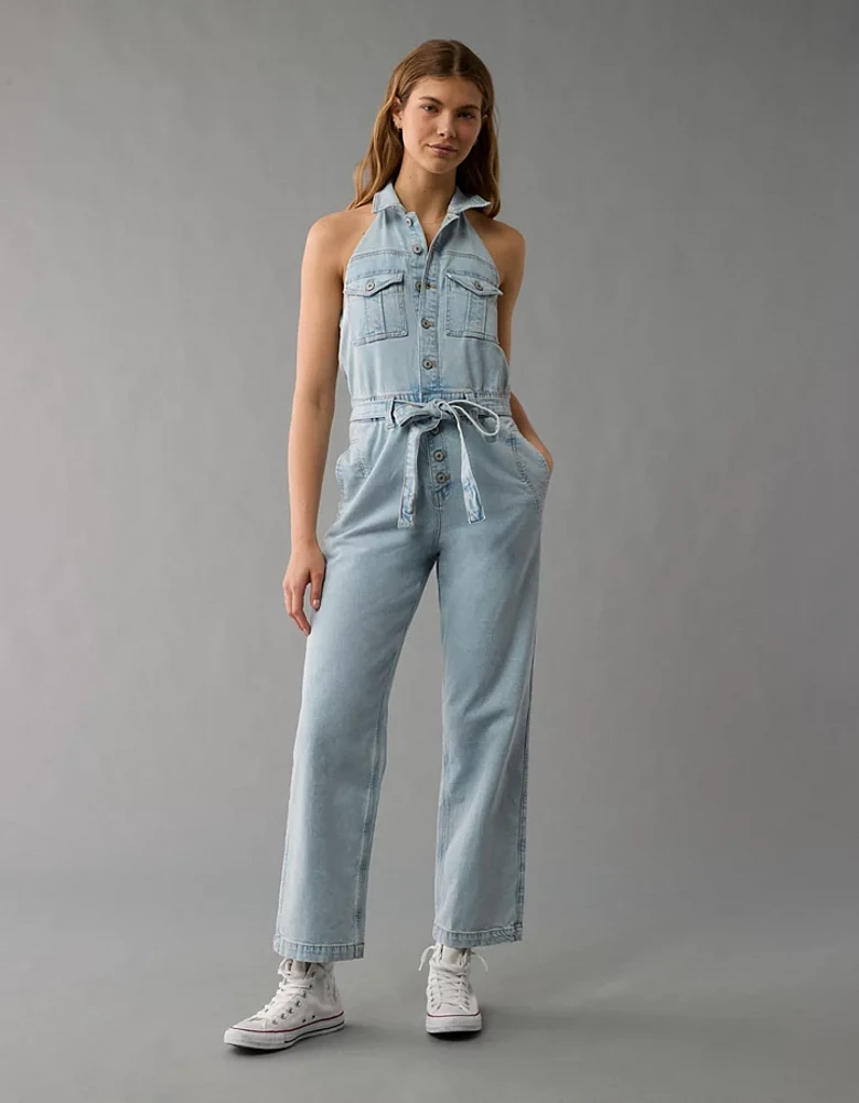 AE Denim Collared Halter Jumpsuit