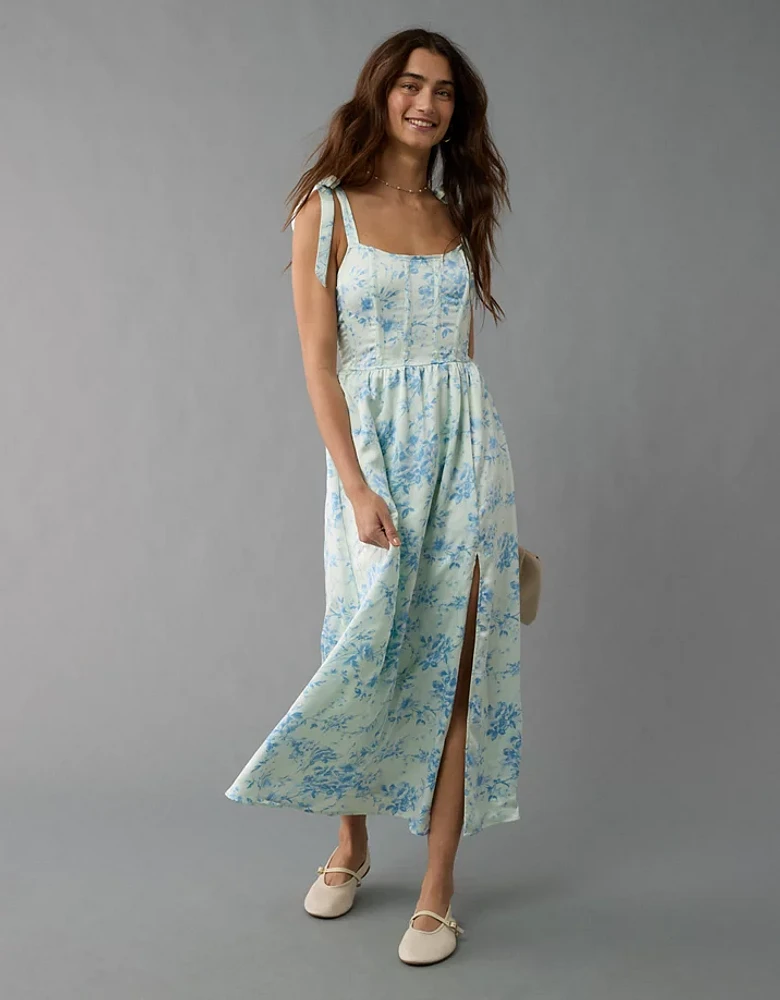 Robe mi-longue à fleurs de style corset avec bretelles nouées AE