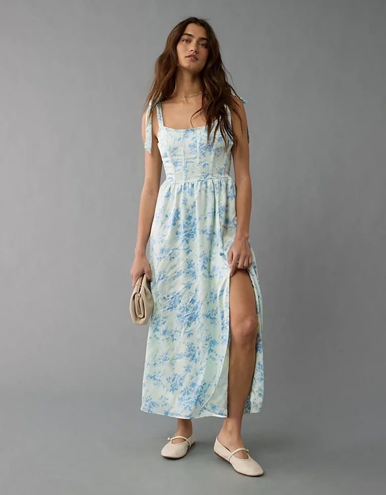 Robe mi-longue à fleurs de style corset avec bretelles nouées AE