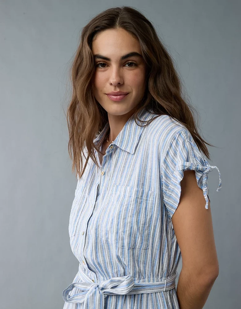 AE Linen-Blend Button-Up Midi Shirt Dress