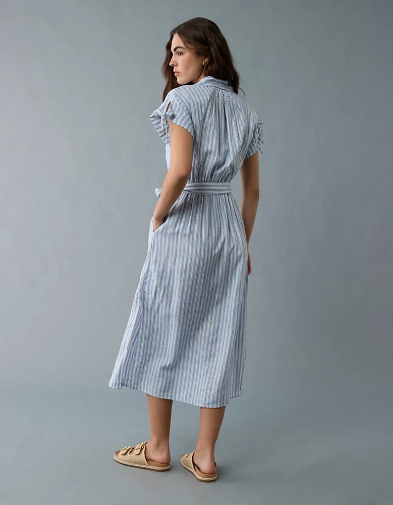 AE Linen-Blend Button-Up Midi Shirt Dress