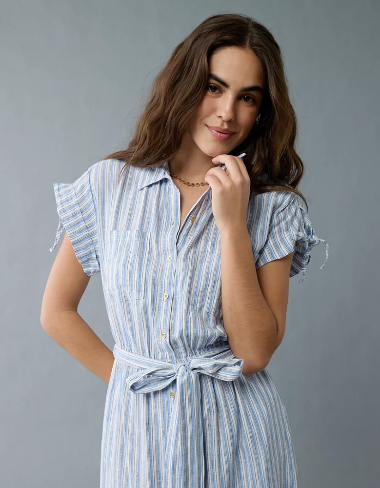 AE Linen-Blend Button-Up Midi Shirt Dress