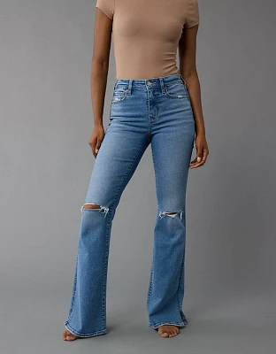 Jean à jambe évasée déchiré taille haute extensible AE