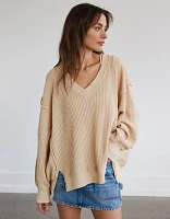 AE Oversized Big Hug Waffle V-Neck Sweatshirt