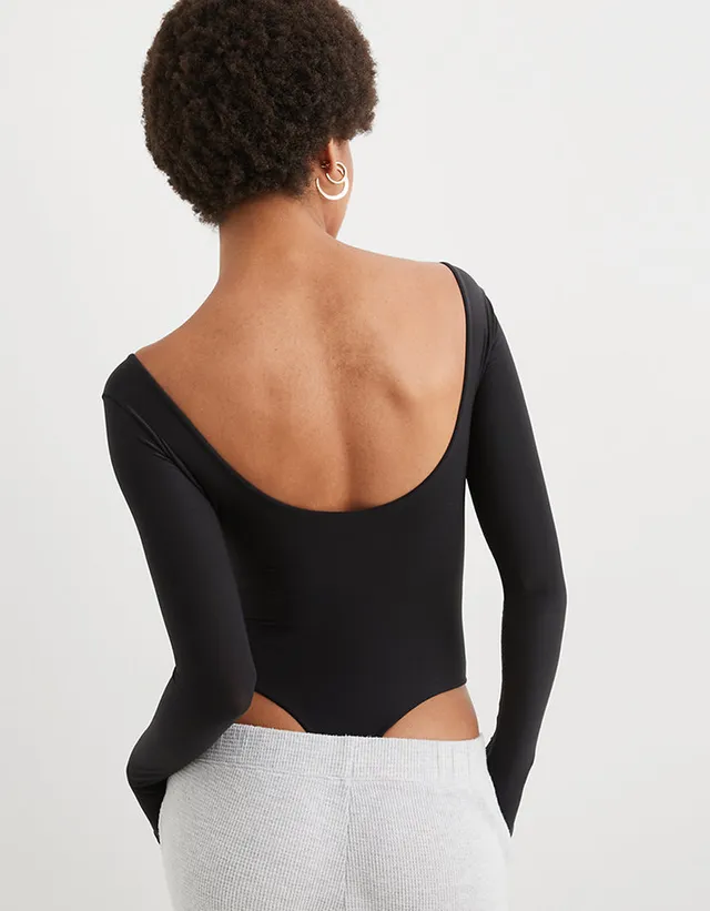 Trisica - Long-Sleeve Stand Collar Plain Half Zip Sheer Bodysuit Top