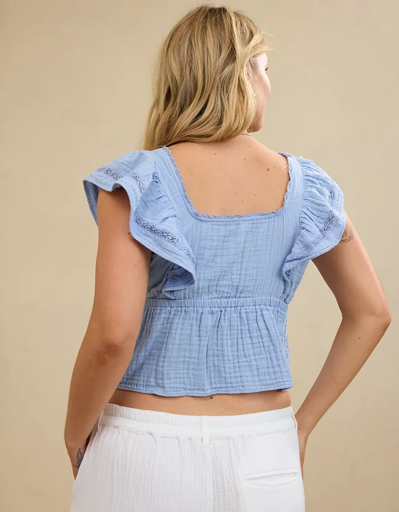 Aerie Button Front Ruffle Sleeve Top