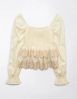 AE Long-Sleeve Smocked Tiered Top