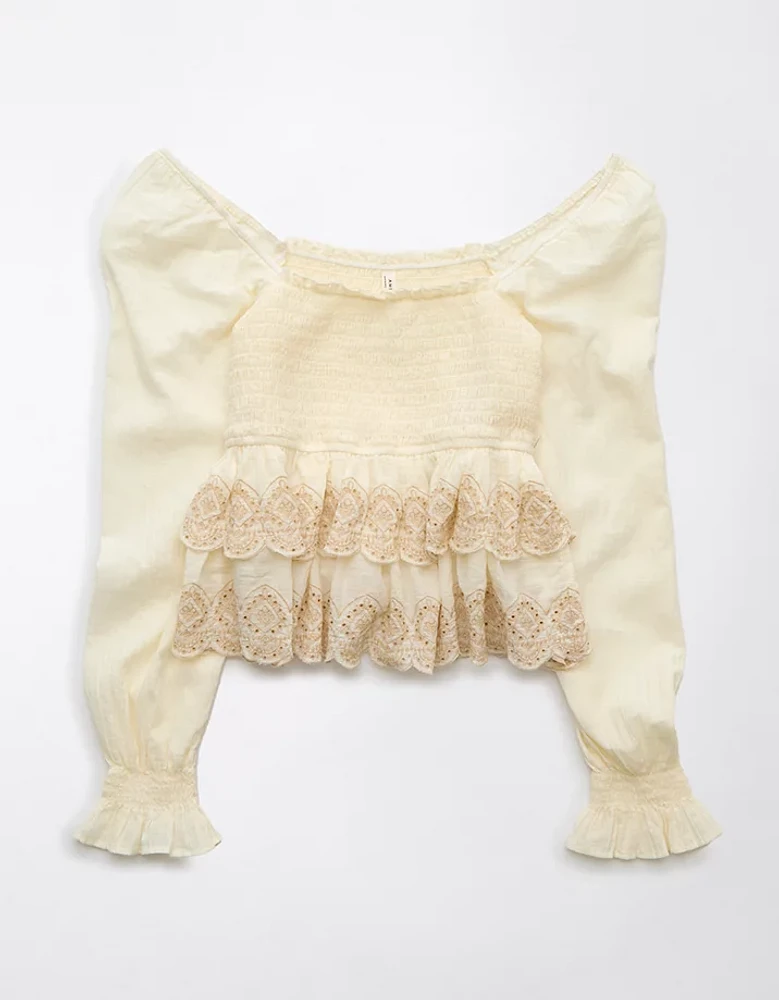 AE Long-Sleeve Smocked Tiered Top