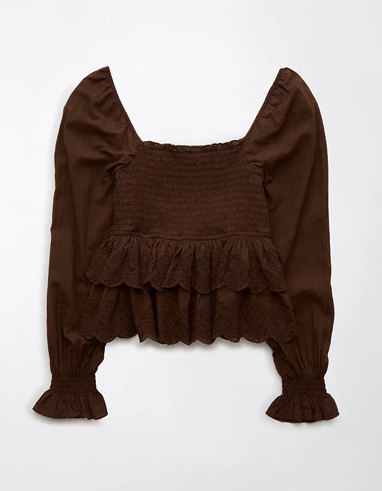 AE Long-Sleeve Smocked Tiered Top