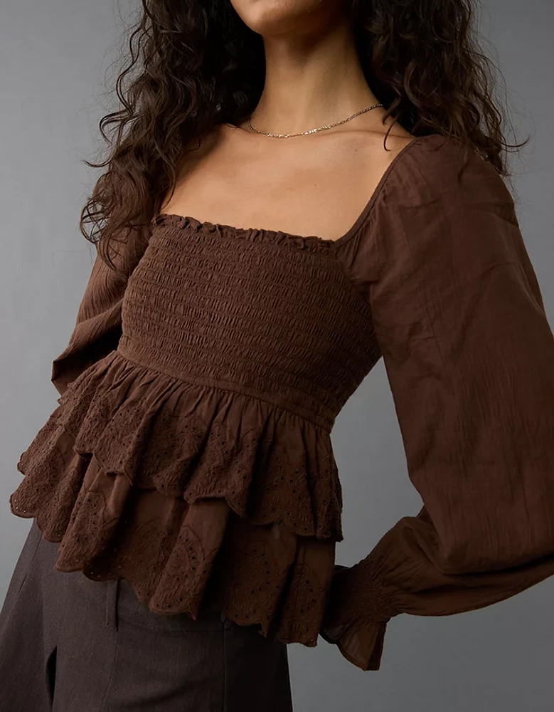 AE Long-Sleeve Smocked Tiered Top