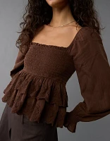 AE Long-Sleeve Smocked Tiered Top