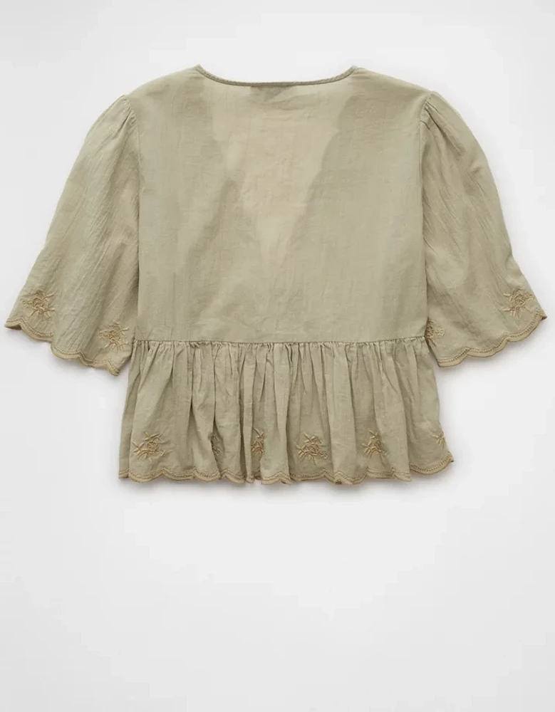 AE Embroidered Tie Front V-Neck Blouse