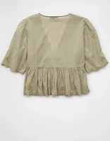 AE Embroidered Tie Front V-Neck Blouse