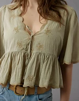 AE Embroidered Tie Front V-Neck Blouse