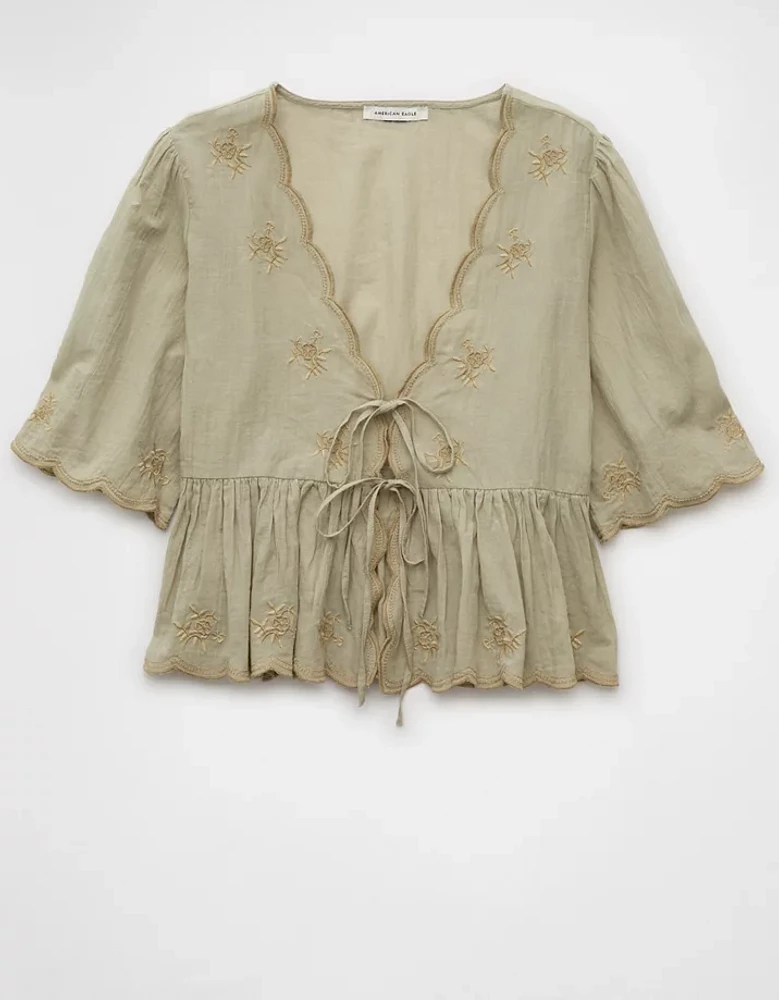 AE Embroidered Tie Front V-Neck Blouse