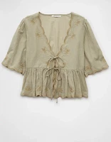 AE Embroidered Tie Front V-Neck Blouse