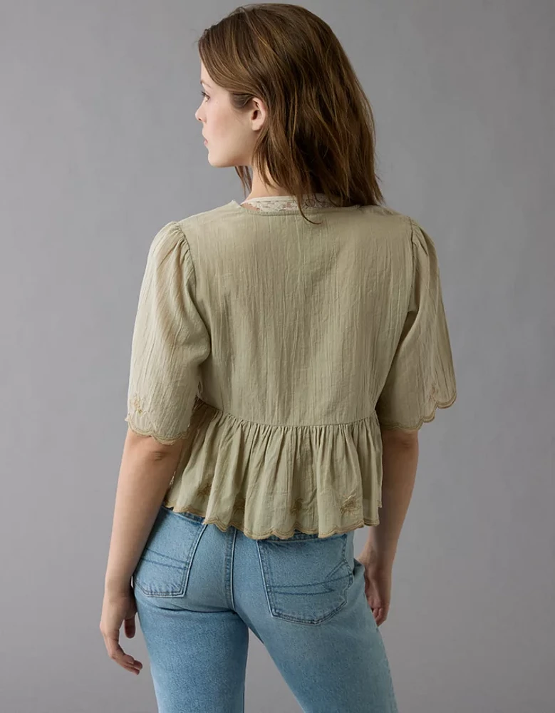 AE Embroidered Tie Front V-Neck Blouse