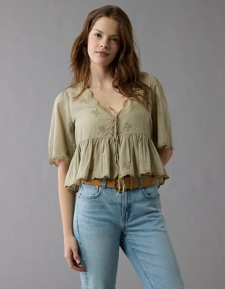 AE Embroidered Tie Front V-Neck Blouse