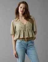 AE Embroidered Tie Front V-Neck Blouse