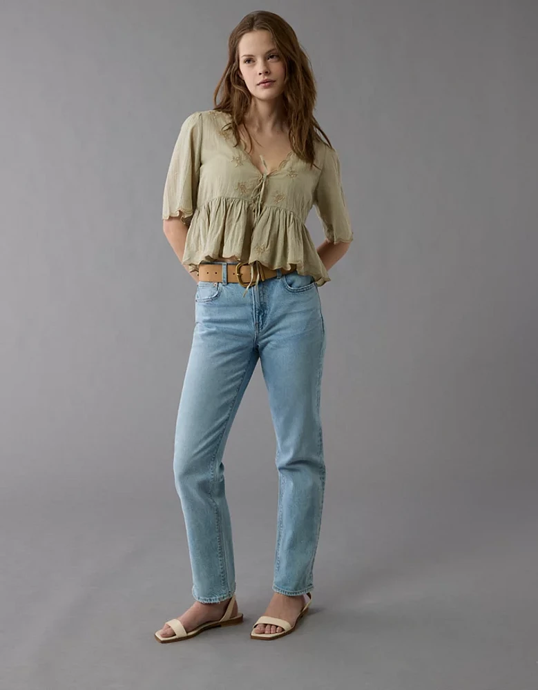 AE Embroidered Tie Front V-Neck Blouse