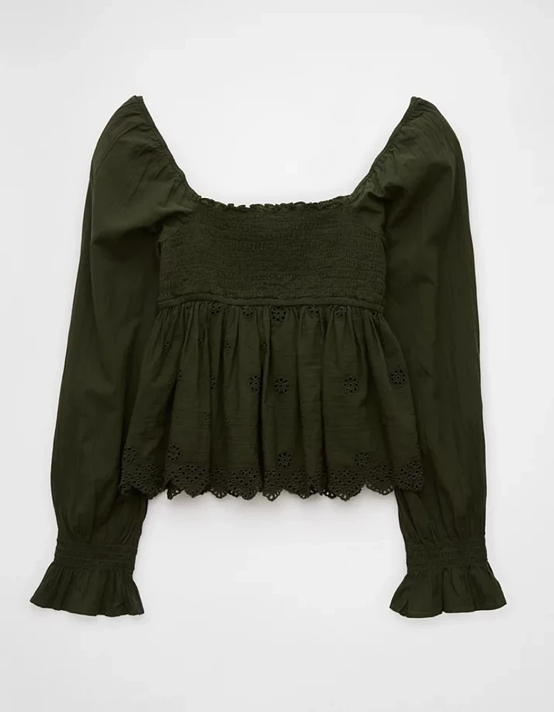 AE Long-Sleeve Smocked Babydoll Blouse