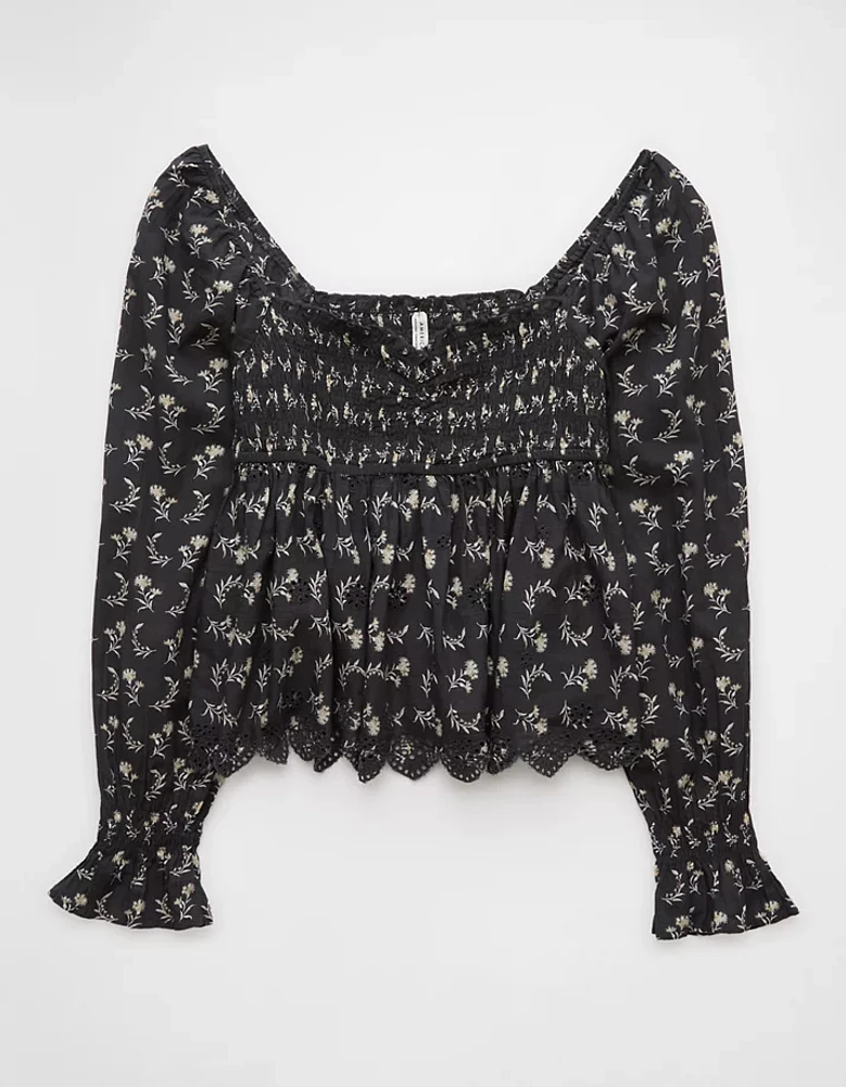 AE Long-Sleeve Smocked Babydoll Blouse