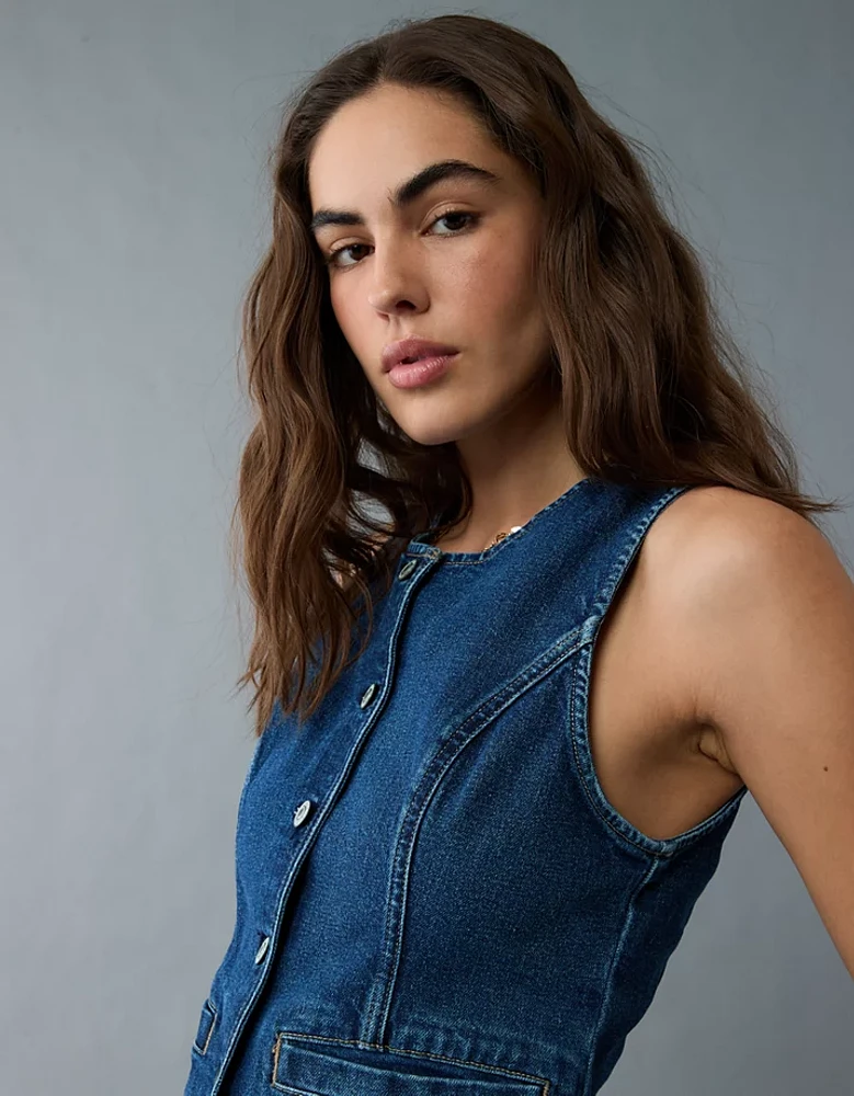 AE Crew Neck Button-Up Denim Vest