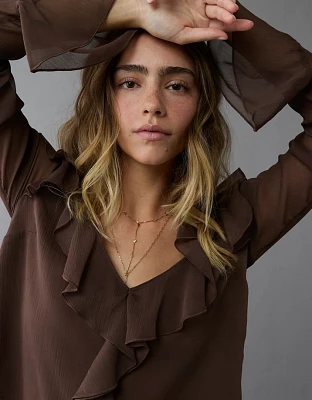 AE Chiffon Bell Sleeve Ruffle Blouse