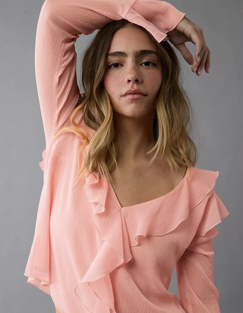Blouse à volants manches cape flottantes en chiffon AE