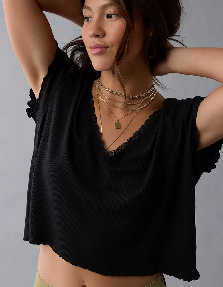 AE Soft & Sexy V-Neck Cropped Waffle T-Shirt