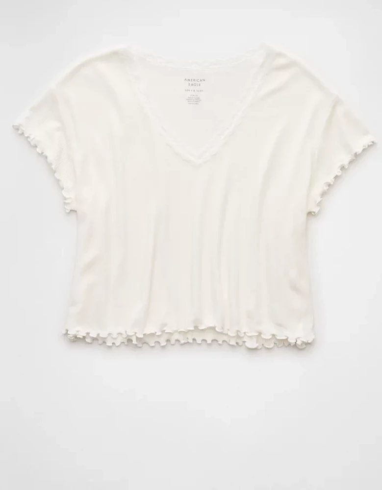 T-shirt court gaufré à encolure en V Doux et sexy AE