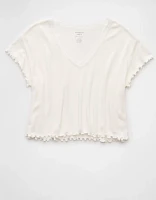 T-shirt court gaufré à encolure en V Doux et sexy AE