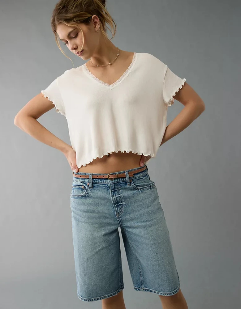 T-shirt court gaufré à encolure en V Doux et sexy AE