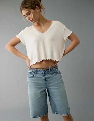 T-shirt court gaufré à encolure en V Doux et sexy AE